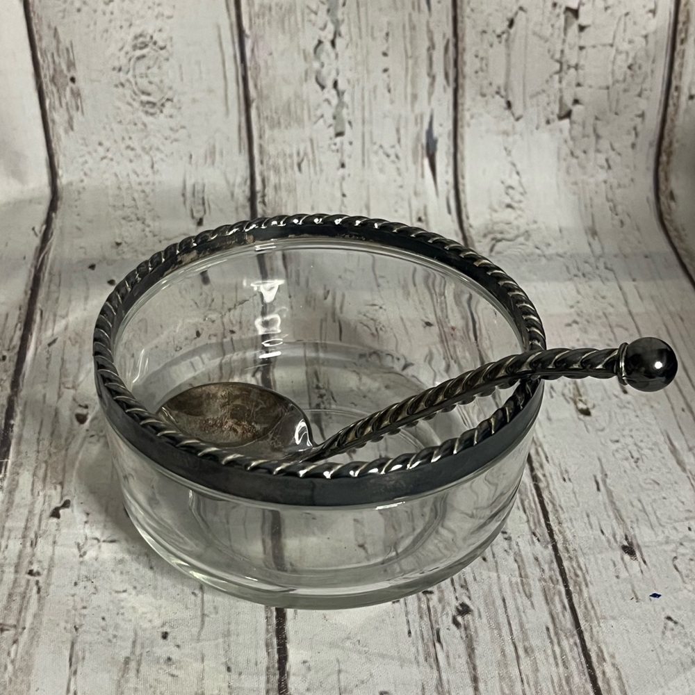 Bormioli Rocco Italian Glass Bowl with Spoon Silver Plate Rim Italy 4.25"
